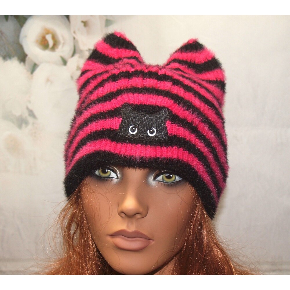 Cute Cat Ear Knit Hat with Cute Cat Ears & Peeking Cat Rose Red & Black Heavy